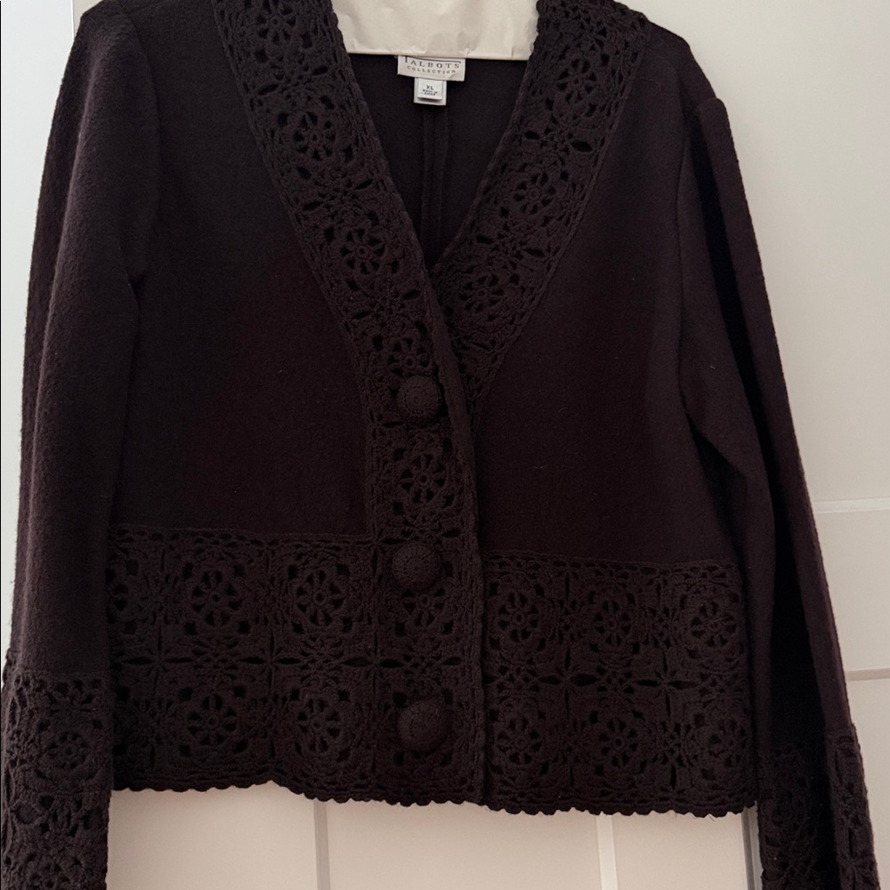 Talbots collections Dark Brown Crochet-Trim Cardigan - 100% wool